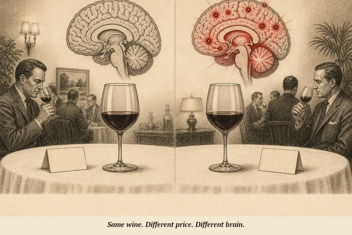 Two identical wine glasses side by side — one with a $5 tag, the other with a $45 tag. Above the cheap glass, a dim brain scan. Above the expensive glass, a brightly lit brain scan.