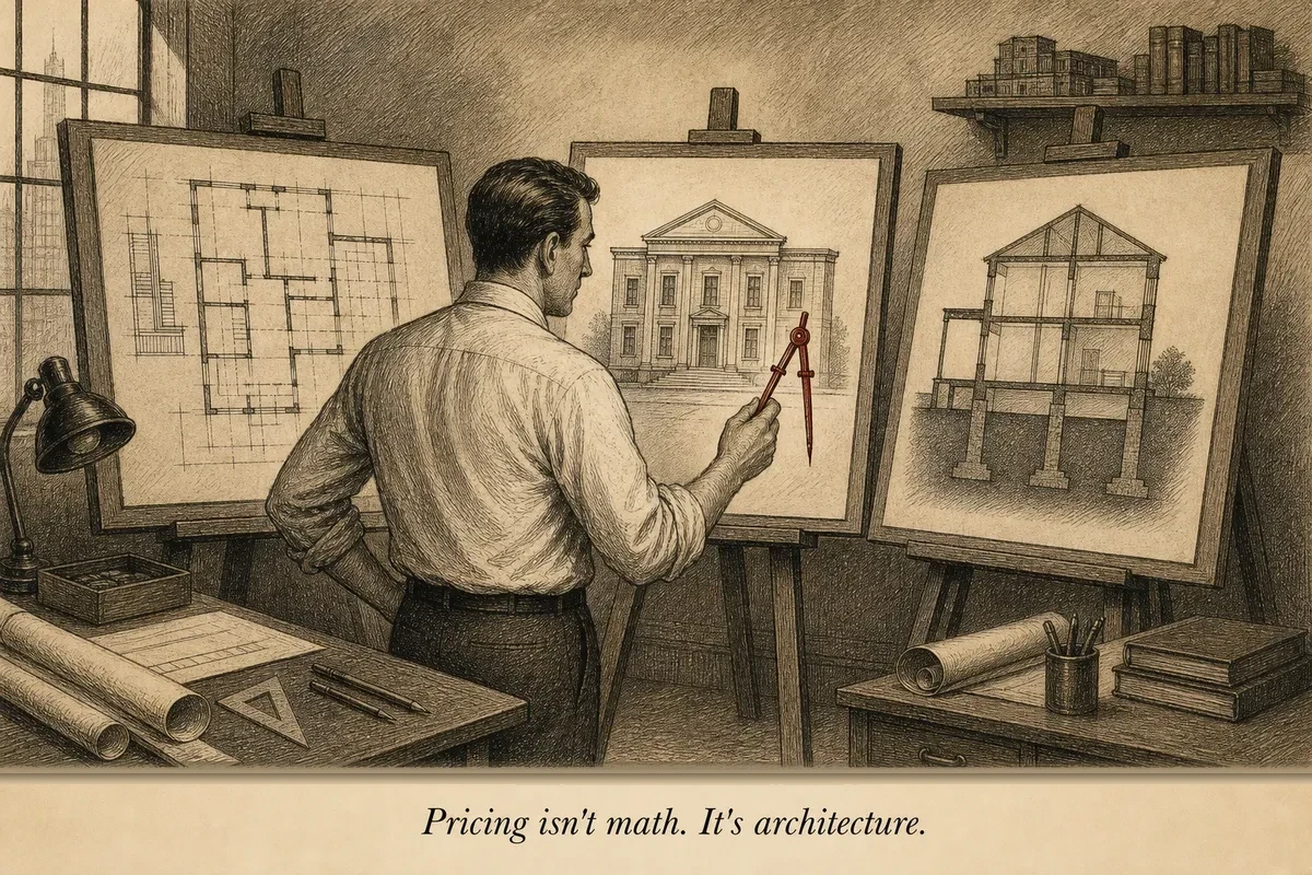 An architect studying a building from three angles simultaneously — the blueprint (design), the facade (presentation), and the foundation (perception) — each angle revealing different structural information