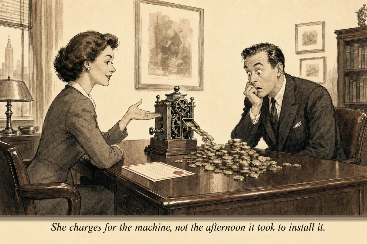 A mid-century office scene where a composed operator presents a small elegant machine on a desk while the creator stares at the large pile of money the machine produces
