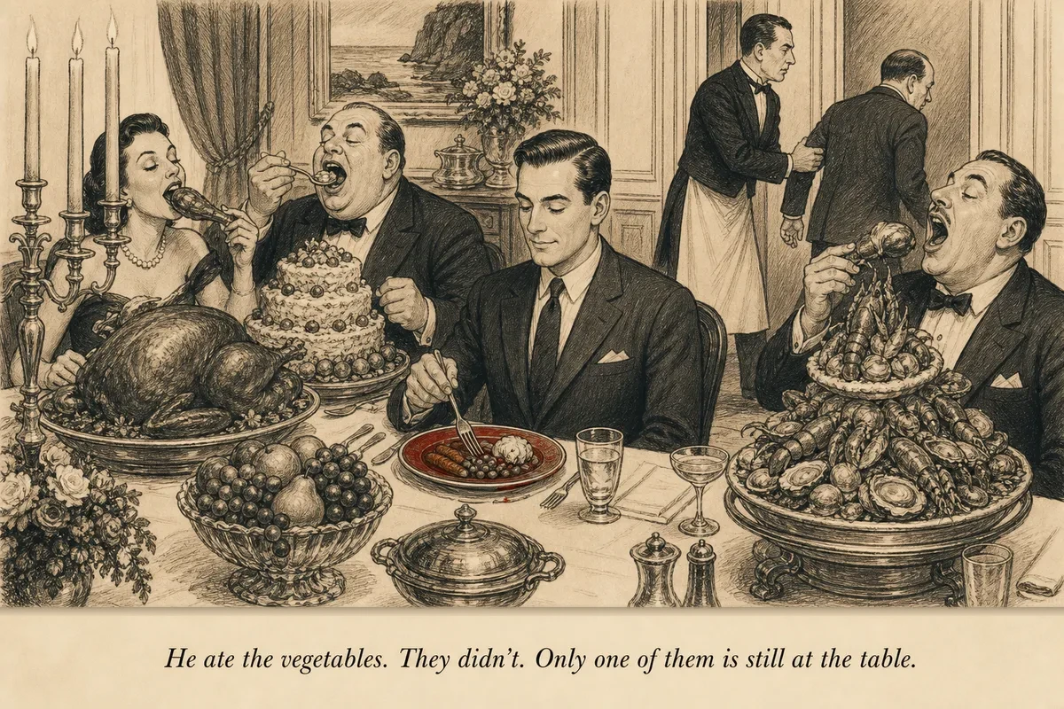 An operator calmly eats a plate of vegetables at a dinner table while around him other diners feast on elaborate dishes and one by one get dragged away by a waiter in a regulatory uniform