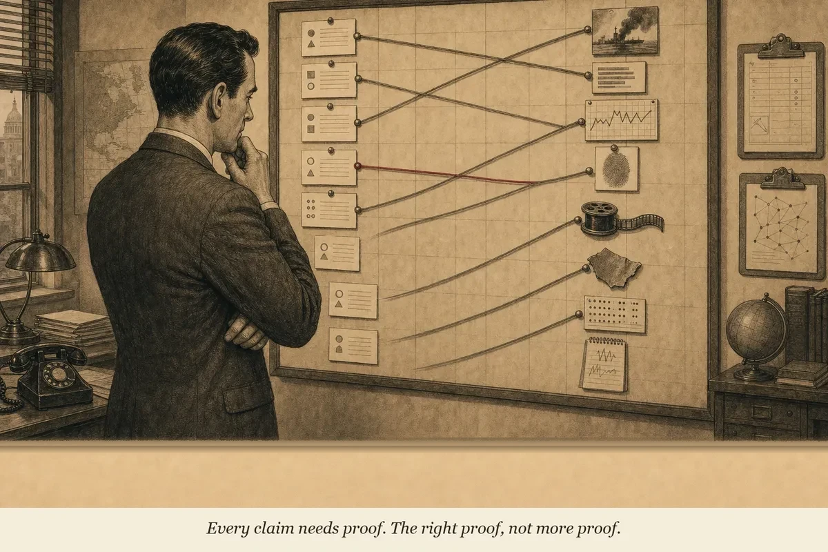 An operator at a wall-mounted grid matching claims on one side to specific evidence types on the other with colored string — some claims have no string attached