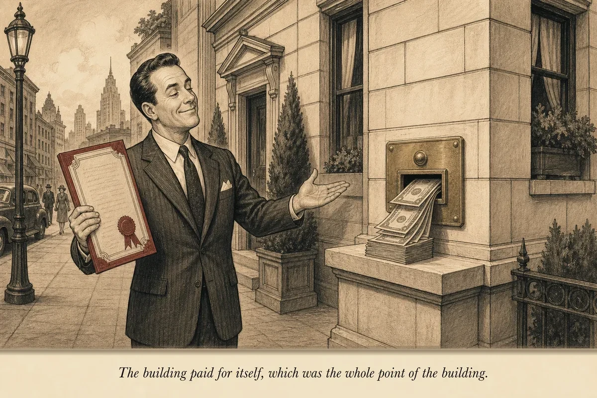 An operator hands the deed to a building back to the building itself, which dispenses cash from a slot in the wall