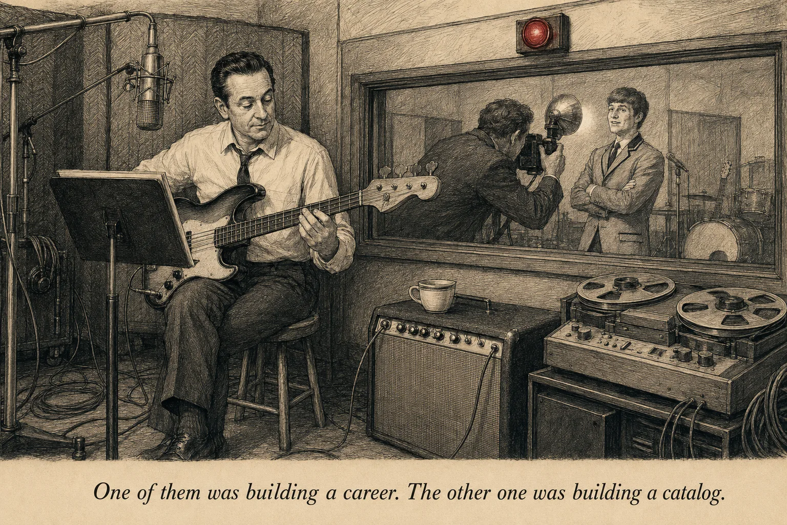 A session bassist reading a chart in a recording studio while, through the control room glass, a photographer poses a band for an album cover
