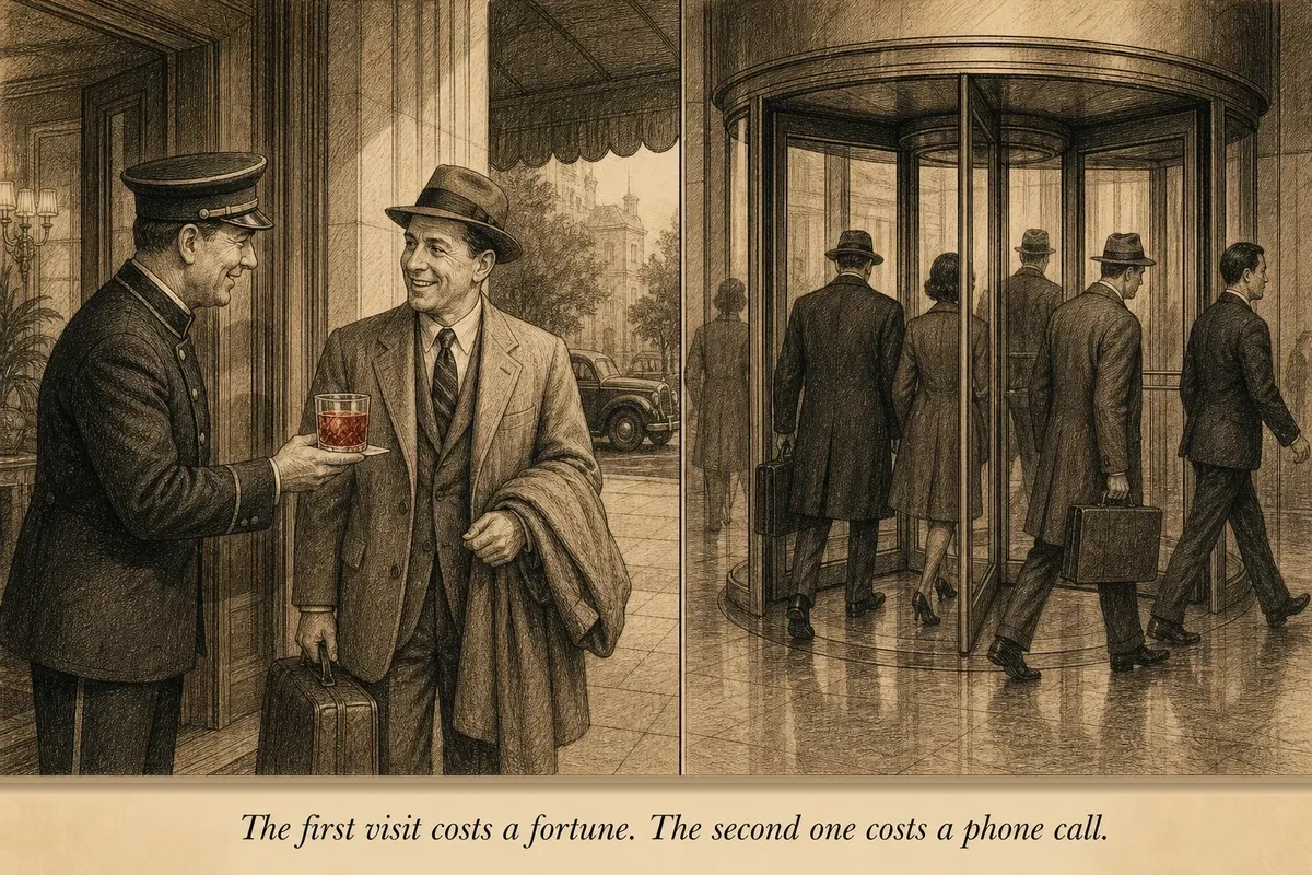A hotel concierge greeting a returning guest at the door with their preferred drink already in hand, while next door a revolving door spins guests in and out without recognition