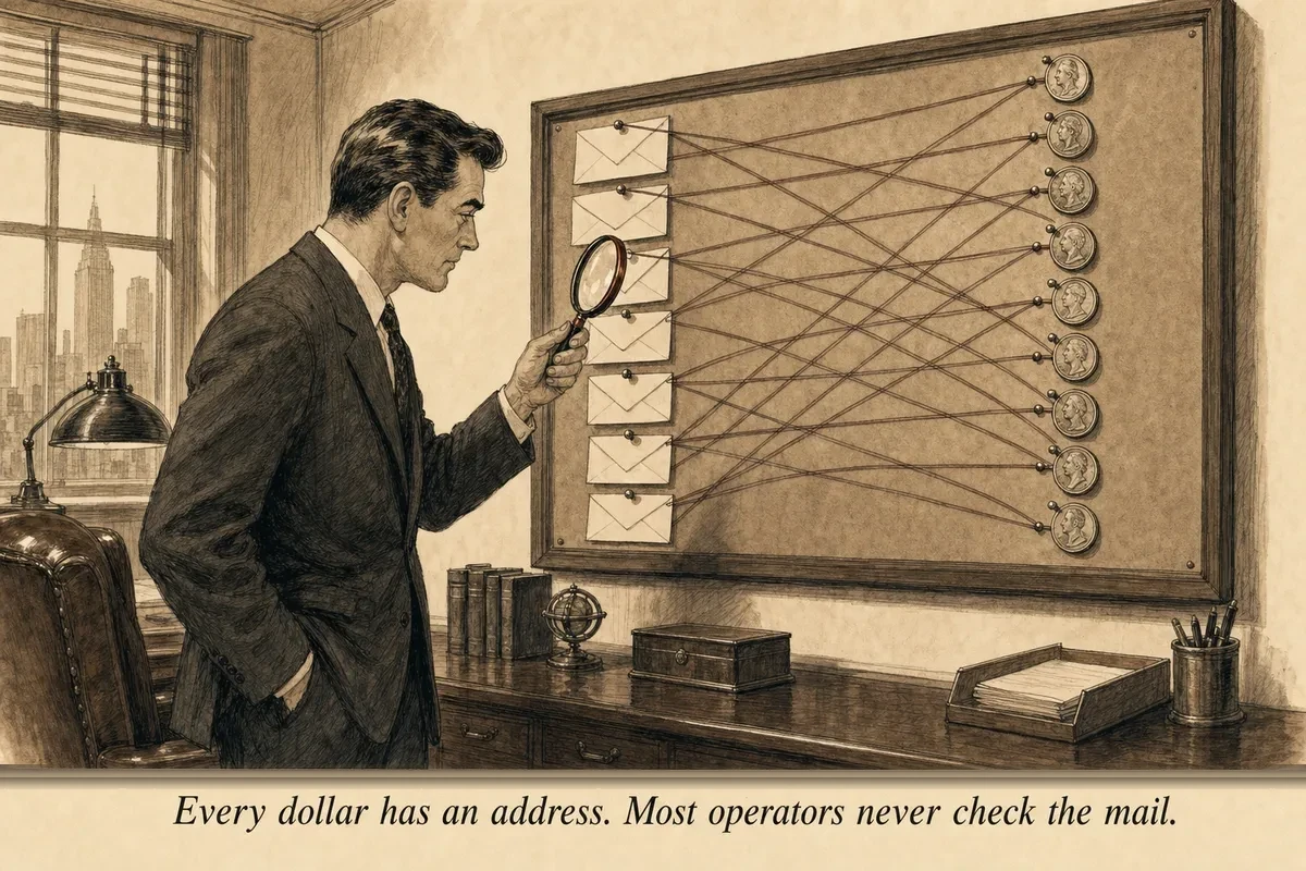 A composed operator examining a complex but elegant mid-century switchboard where colored threads trace from individual letters on one side to specific coins on the other