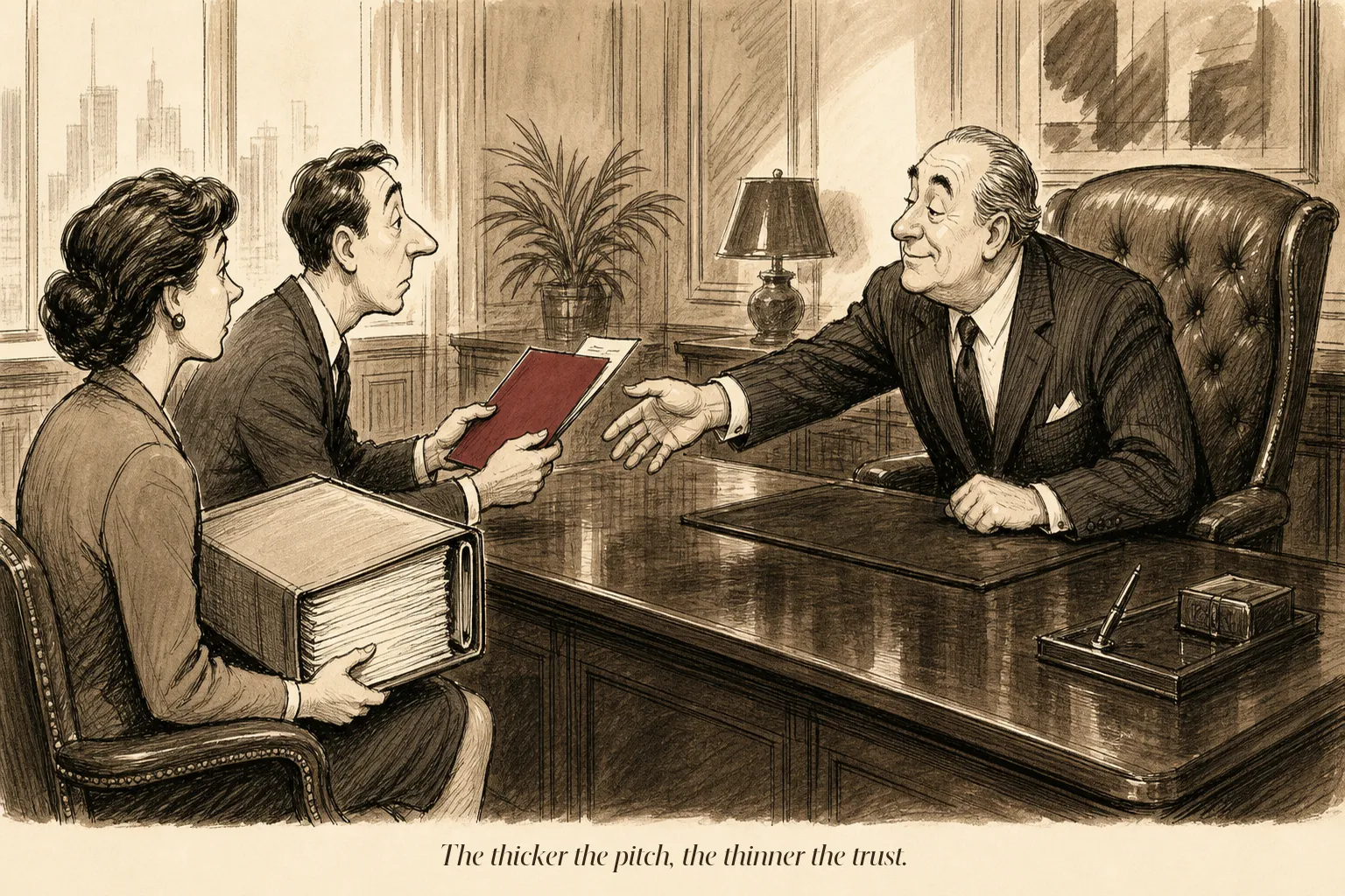 Two operators at a mahogany desk. One holds a slim results folder. The other holds a thick binder. The partner reaches for the slim one.