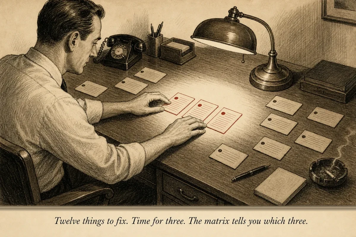 An operator at a desk with twelve numbered index cards, pushing nine to the side and placing three in a neat row under a spotlight