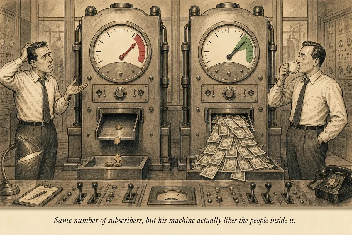 Two operators stand before identical-looking machines; one machine dispenses a trickle of coins, the other a steady stream of bills