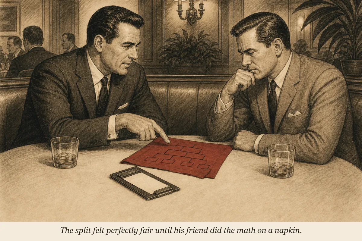 Two men at a restaurant splitting a check, one visibly calculating while the other watches the split with growing suspicion