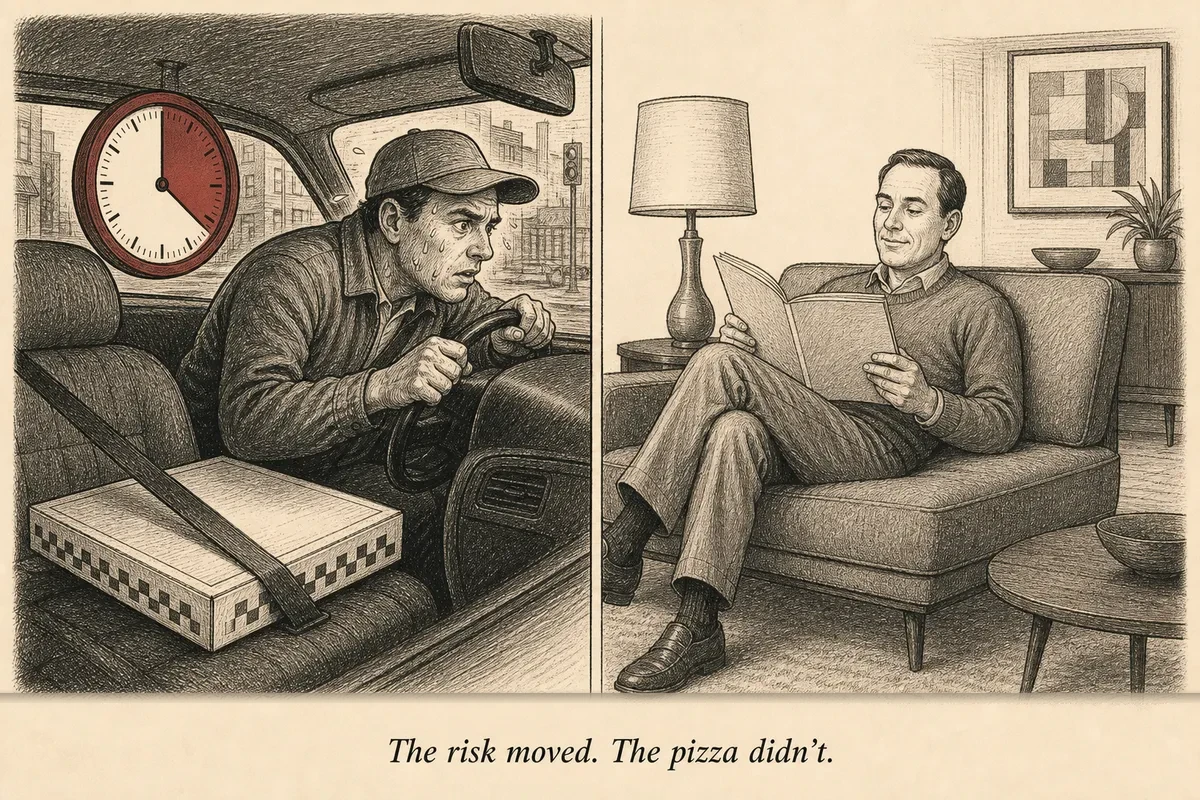 A pizza delivery driver racing against a giant clock while the customer sits calmly on a couch reading a magazine — the driver sweats, the customer doesn't