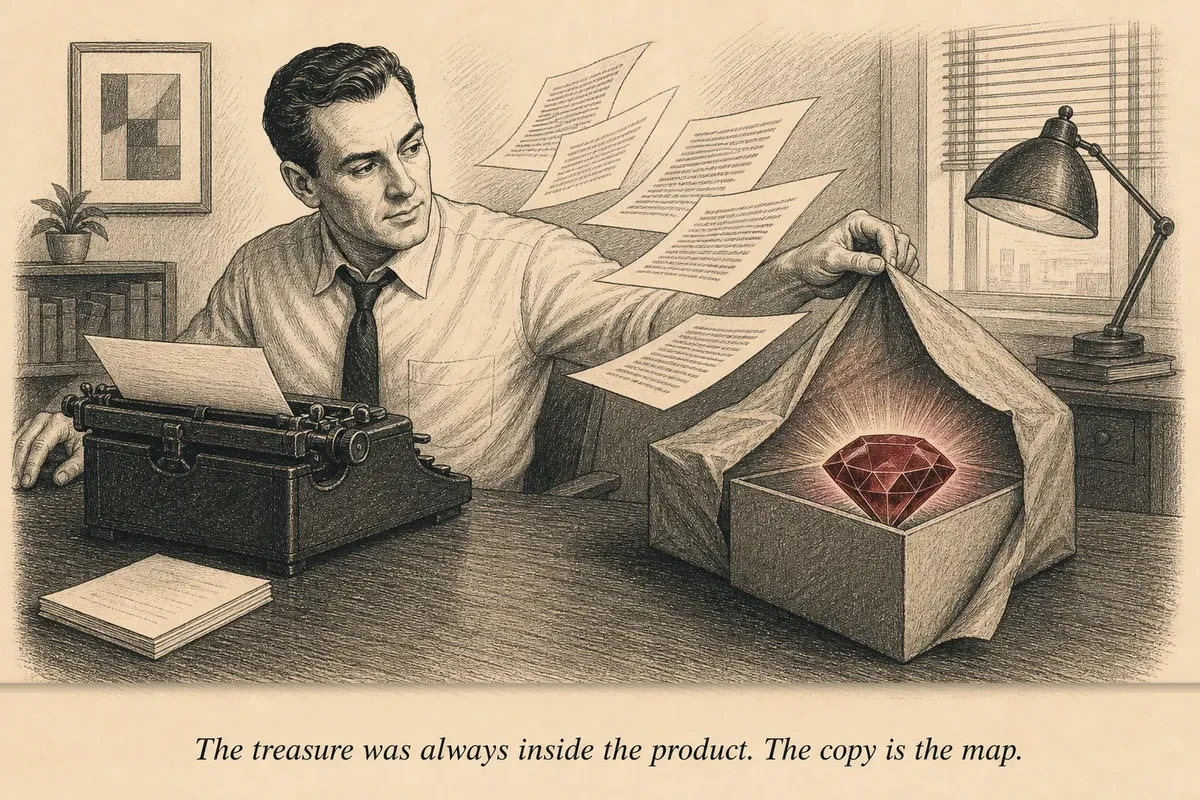 A copywriter at a typewriter, peeling back the dull surface of a product box to reveal a glowing emerald inside