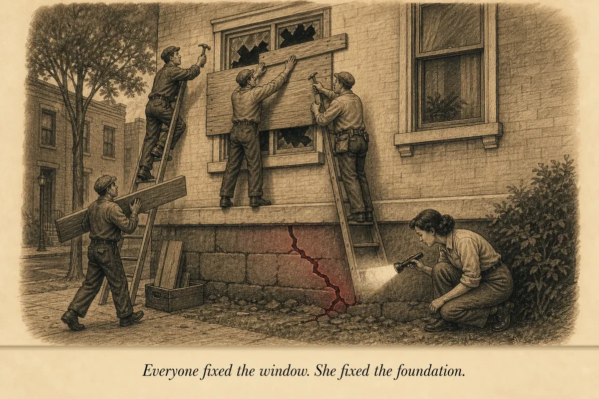 An operator looking past a broken window to examine the cracked foundation beneath the building while everyone else stares at the broken glass