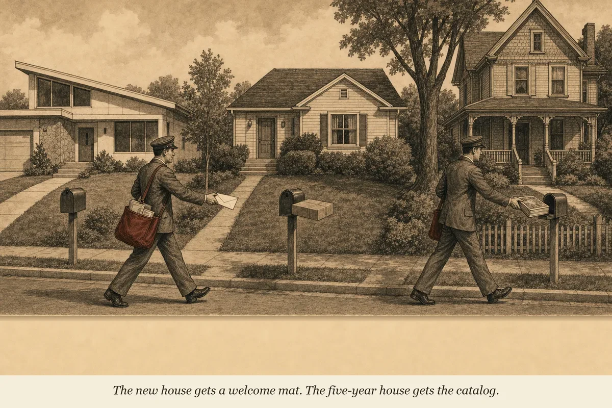 A mailman delivers different-sized packages to houses on a street — starter kits to new homes, full catalogs to established ones