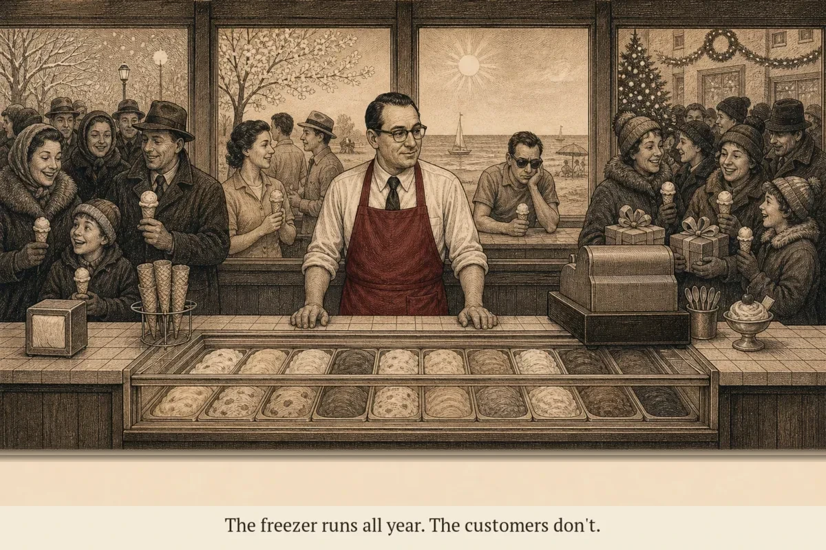 An ice cream shop counter with four distinct sections representing seasons: a packed January crowd, a moderate spring line, an empty summer counter, and a holiday rush in December