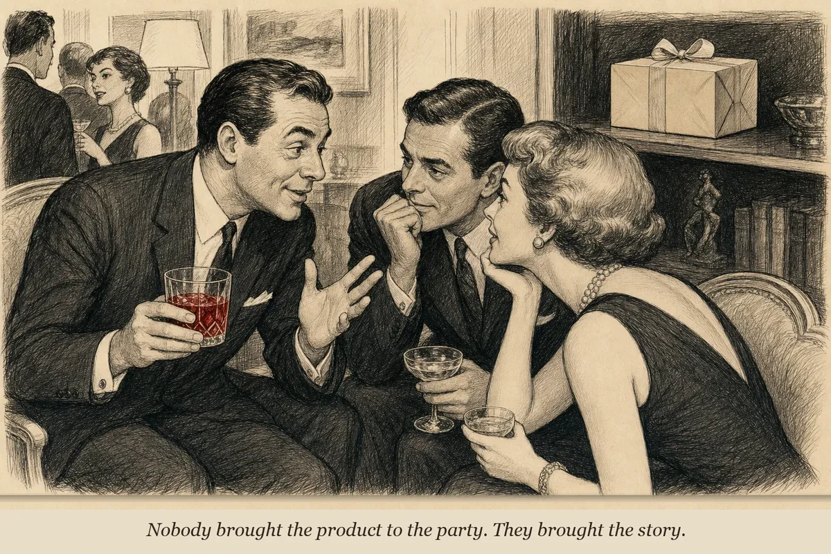 A buyer at a cocktail party, drink in hand, leaning in to tell a story — while behind them, a product sits on a shelf completely ignored