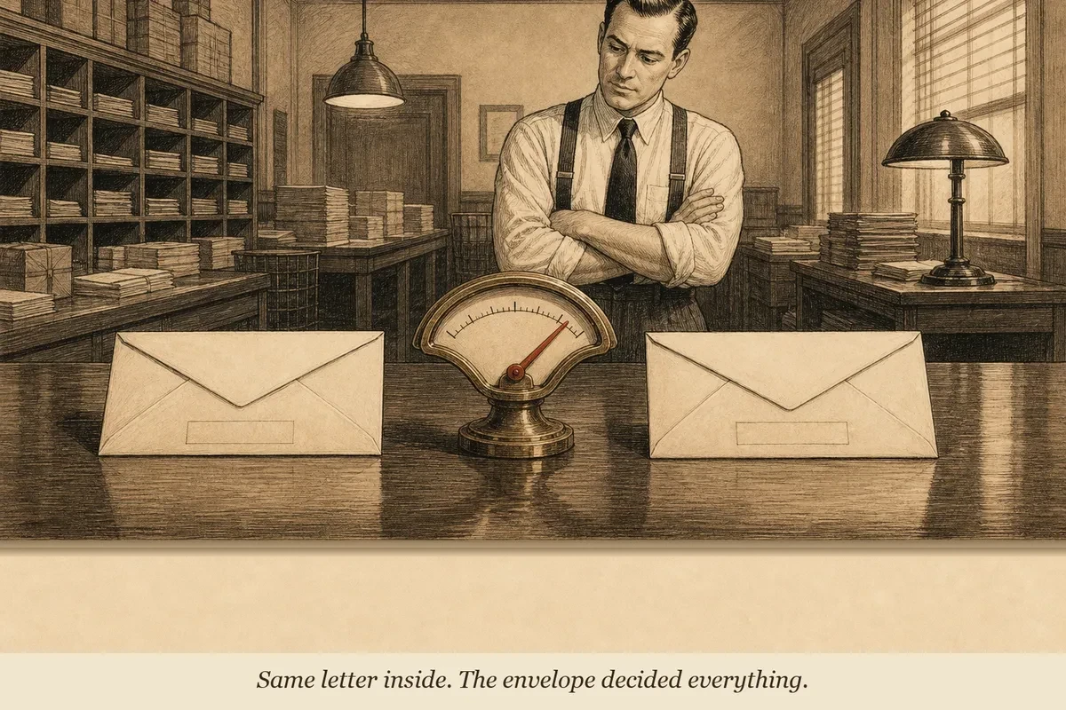 Two identical envelopes on a desk, each with a different label, while an operator watches a gauge measuring which one gets picked up first