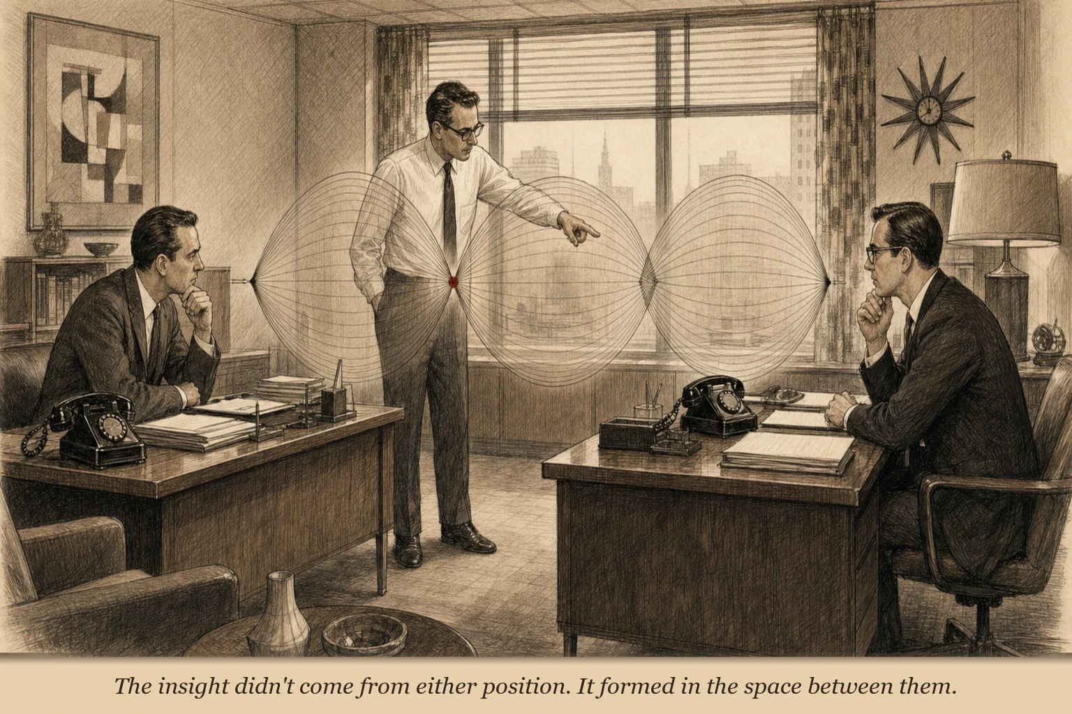 Two tuning forks facing each other with a visible standing wave pattern between them — a wave that appears frozen in space, oscillating but not moving, formed by the interference of signals bouncing back and forth
