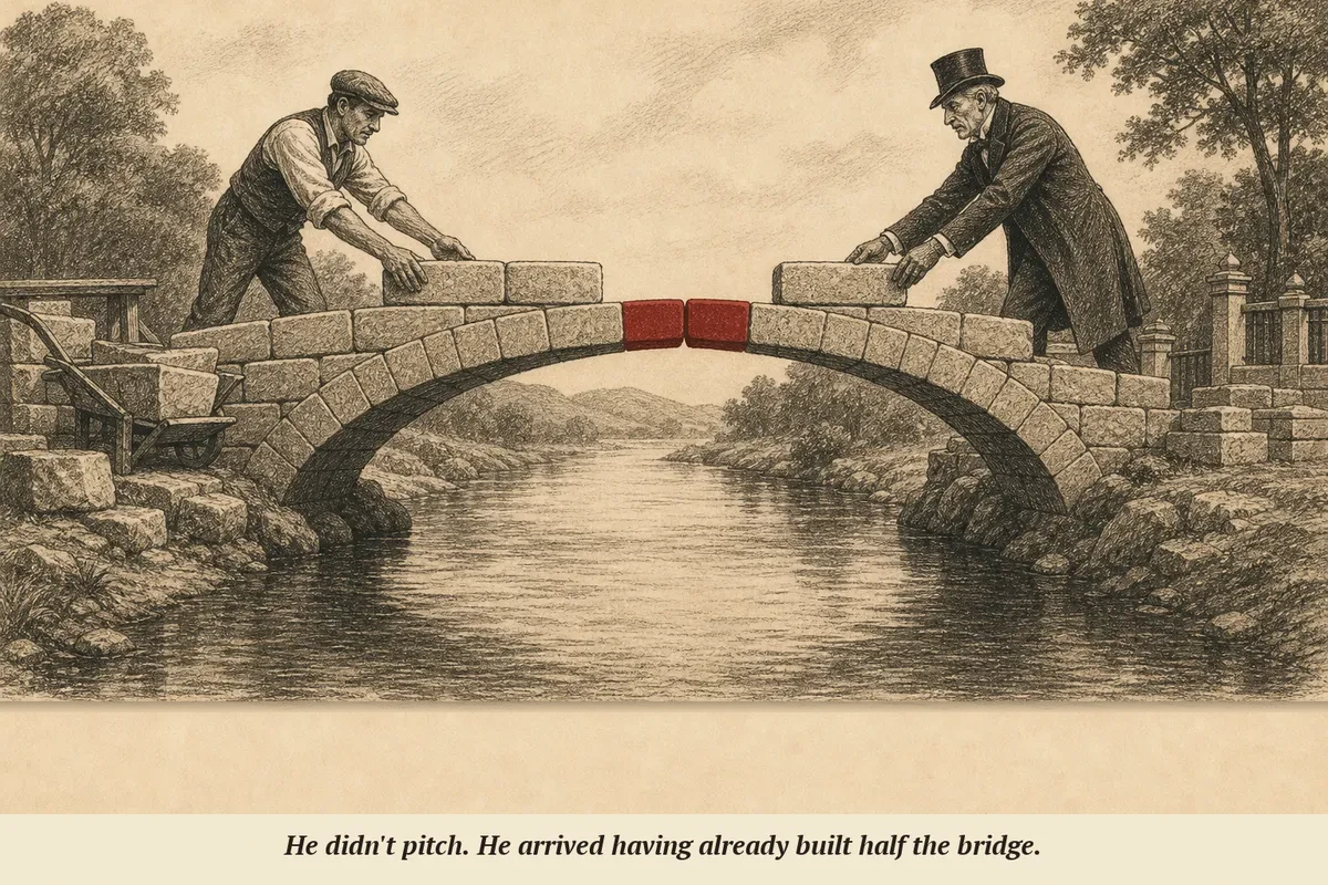 An operator building half a bridge from one side while a person of influence builds the other half from the opposite bank, meeting perfectly in the middle