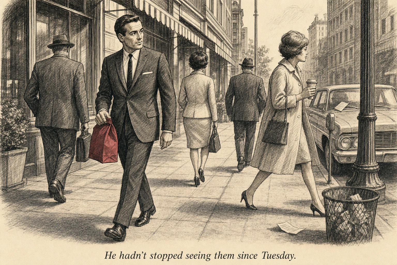 An operator walking down a busy street, seeing glowing outlines around surfaces everyone else ignores — a takeout bag, a receipt, a coffee cup sleeve, a parking ticket