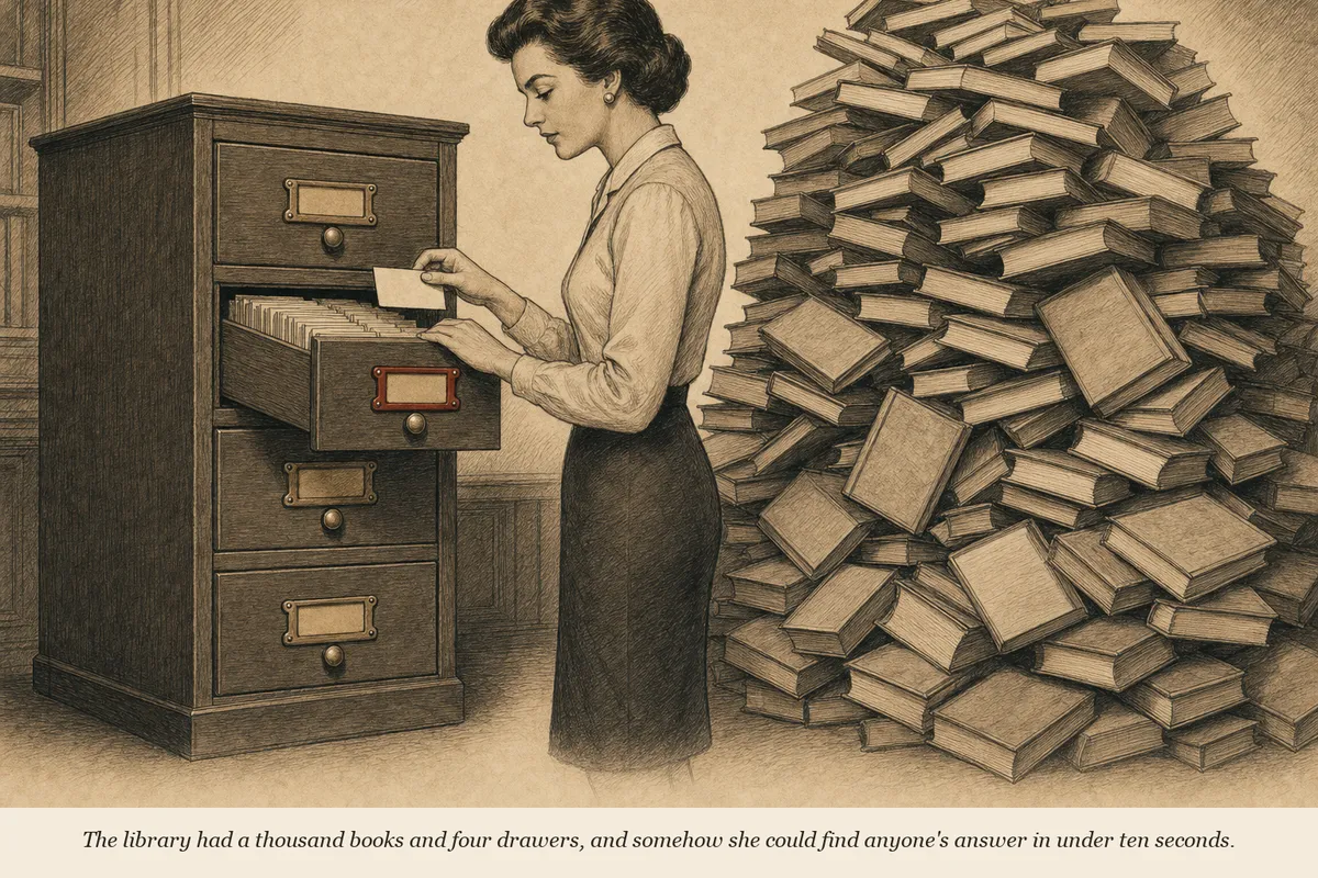 A librarian filing catalog cards into a massive card cabinet with four clearly labeled drawers while books pile up unsorted behind her