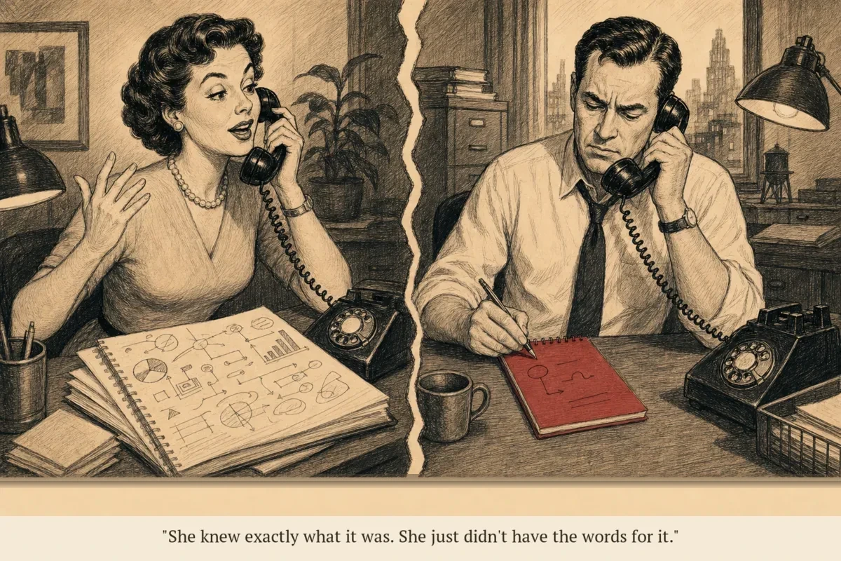 Two people at adjacent desks — one speaks into a phone clearly, the other listens to a different phone and writes down something completely different