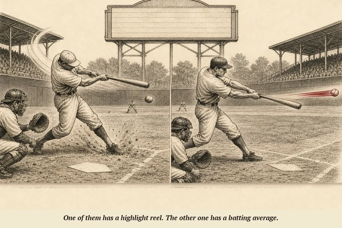Two baseball players at the plate — one swinging wildly for the fences, the other making clean contact with a measured swing, a scoreboard showing the second player winning