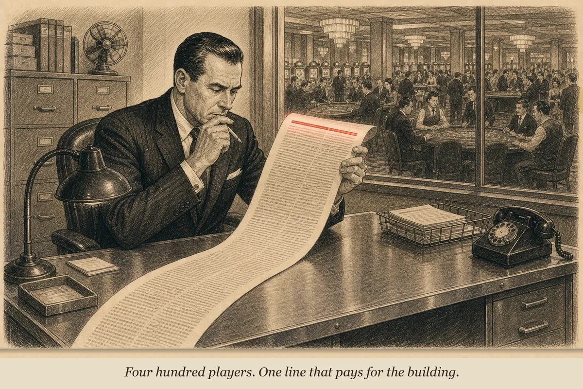 A casino floor manager at a mid-century desk stares at a report where one line at the top of the page glows while hundreds of lines below it fade into gray