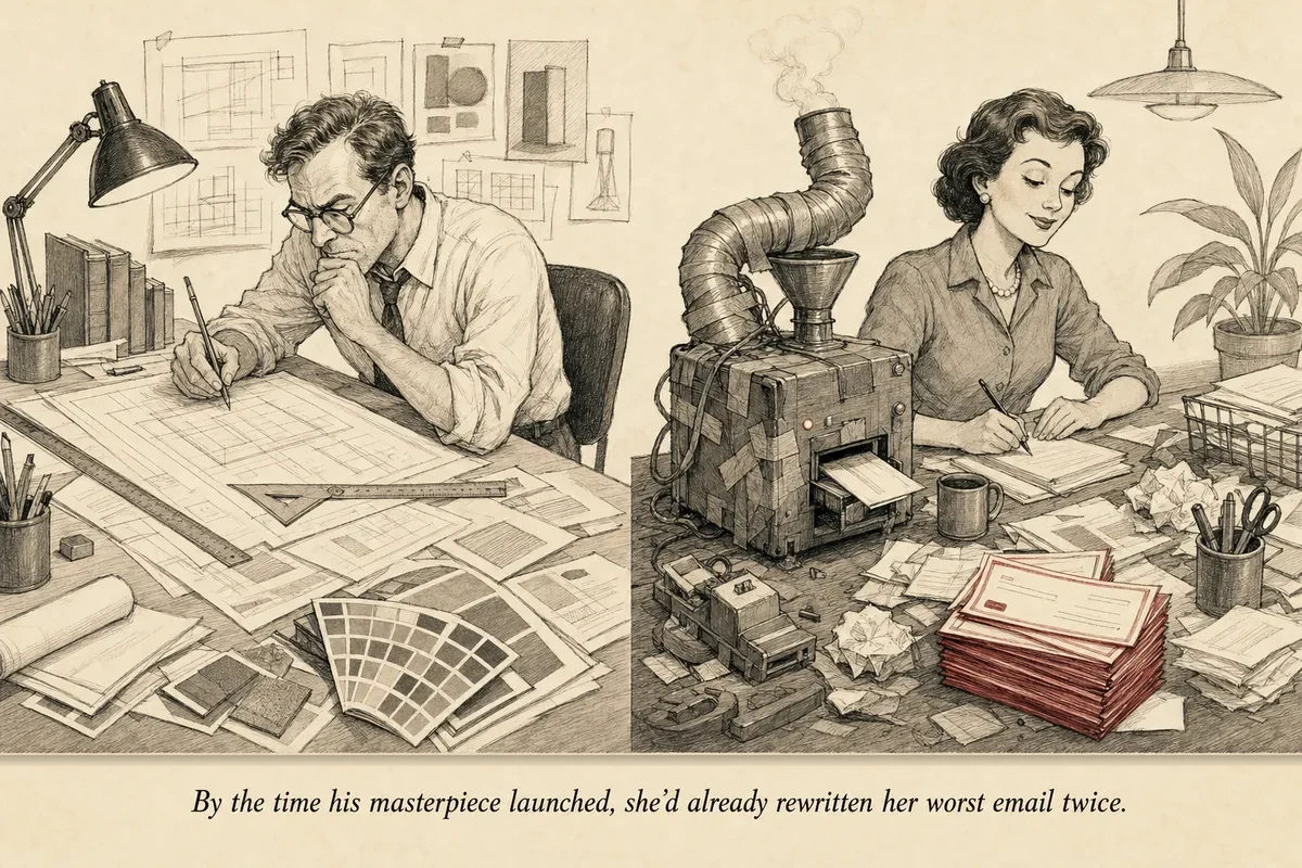 Two operators side by side — one surrounded by polished mockups and zero revenue after three months, the other with a scrappy setup and a stack of commission checks after four days