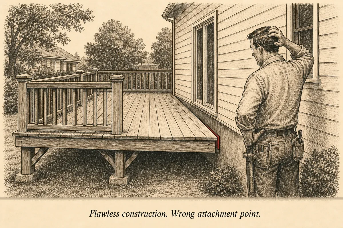 A beautiful cedar deck floating two inches away from the house it was attached to — the gap visible between the ledger board and the siding