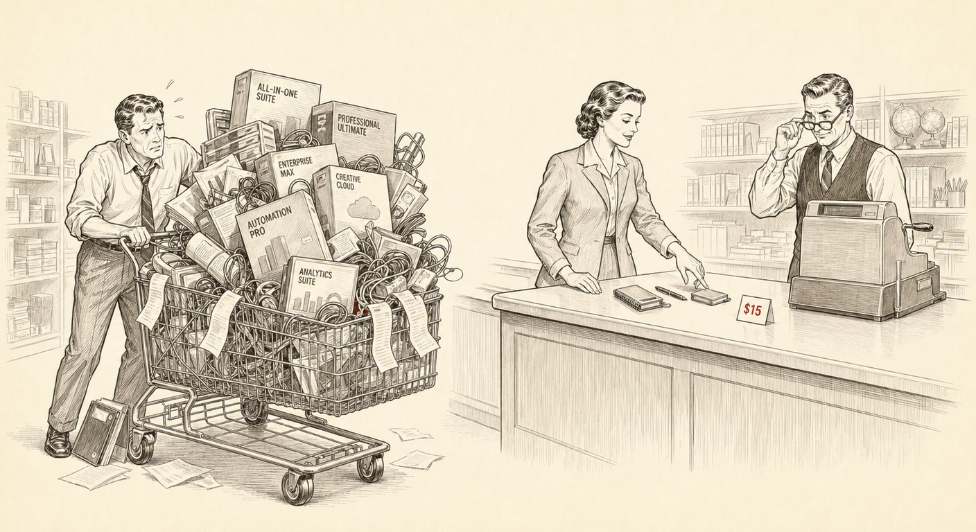 A frazzled operator pushes a cart of expensive software boxes while a composed operator buys four small tools at an office supply counter