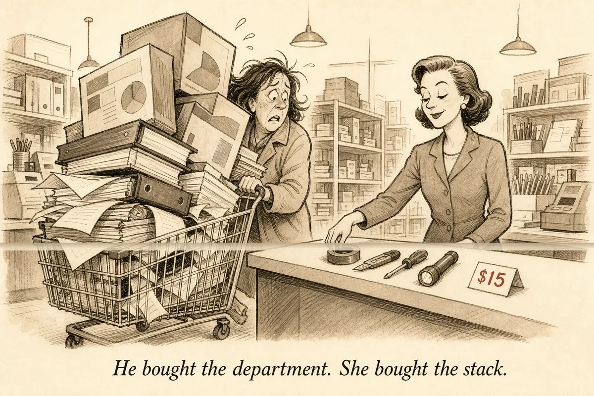 A frazzled operator pushes a cart of expensive software boxes while a composed operator buys four small tools at an office supply counter