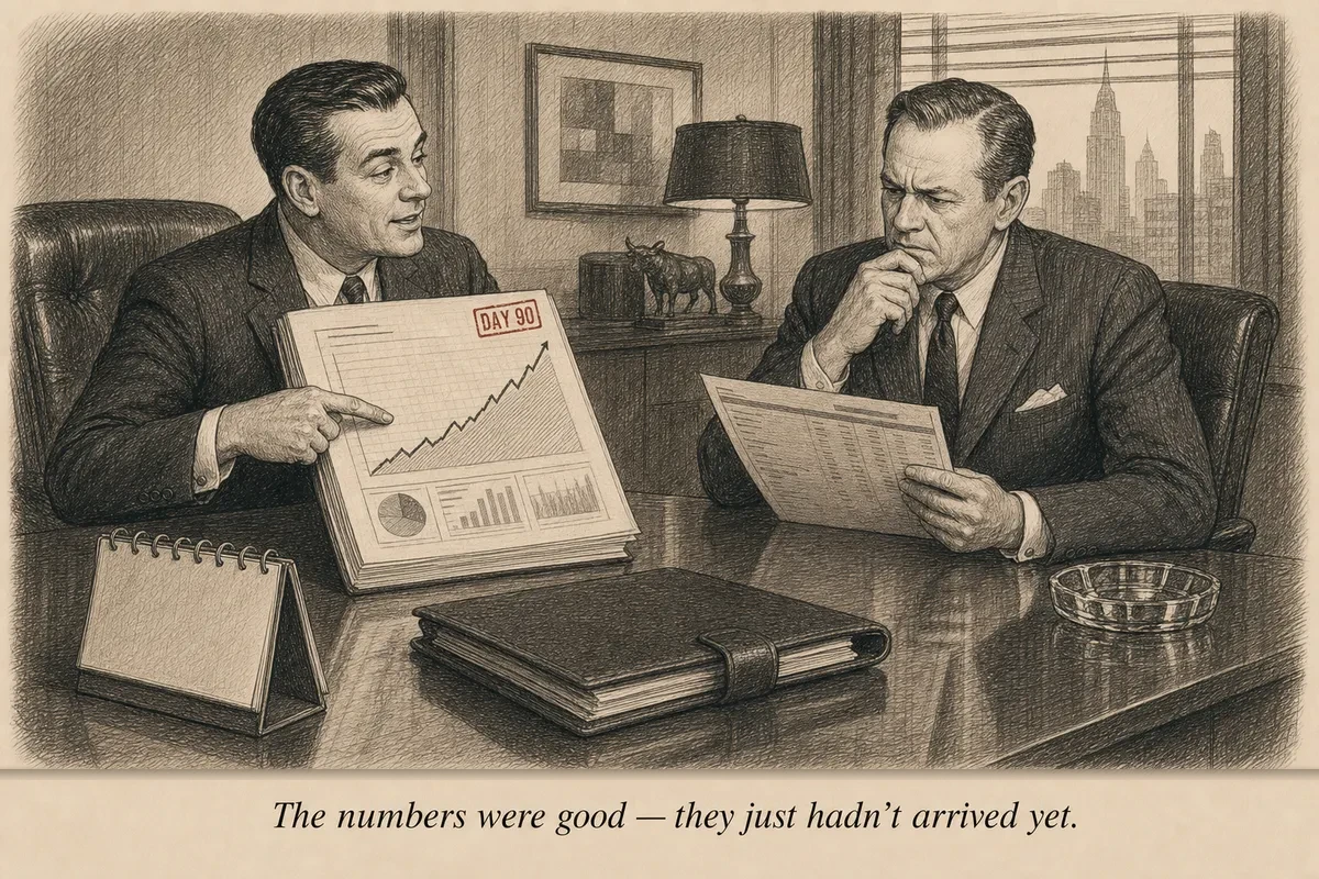 Two businessmen at a conference table reviewing a thick report, one pointing at the numbers confidently while the other checks his bank statement with a puzzled expression
