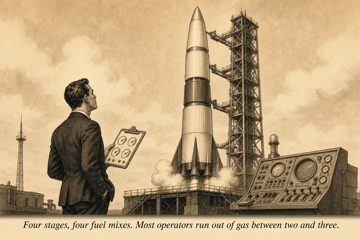 A rocket on a launch pad with four distinct stage markings, each stage progressively smaller, while an operator checks gauges at the base