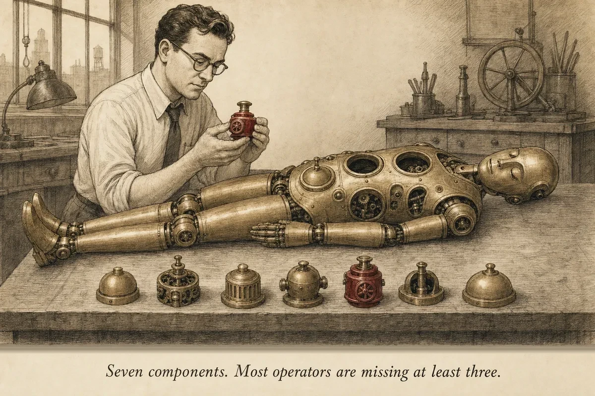 An operator assembling a mechanical figure on a workbench, seven distinct components laid out in order, three slots still empty