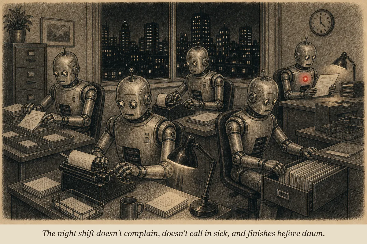 Five plain office workers sitting in a row of desks behind a group of flashy specialists in tailored suits, the office workers quietly passing documents while the specialists argue over a chart