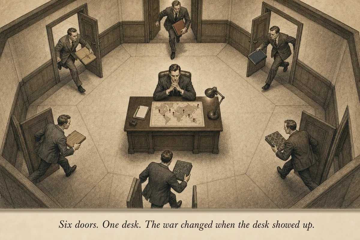 An analyst sitting at a single desk in the center of a room, calm and composed, while runners from six different doors deliver reports — all converging on one clean desk