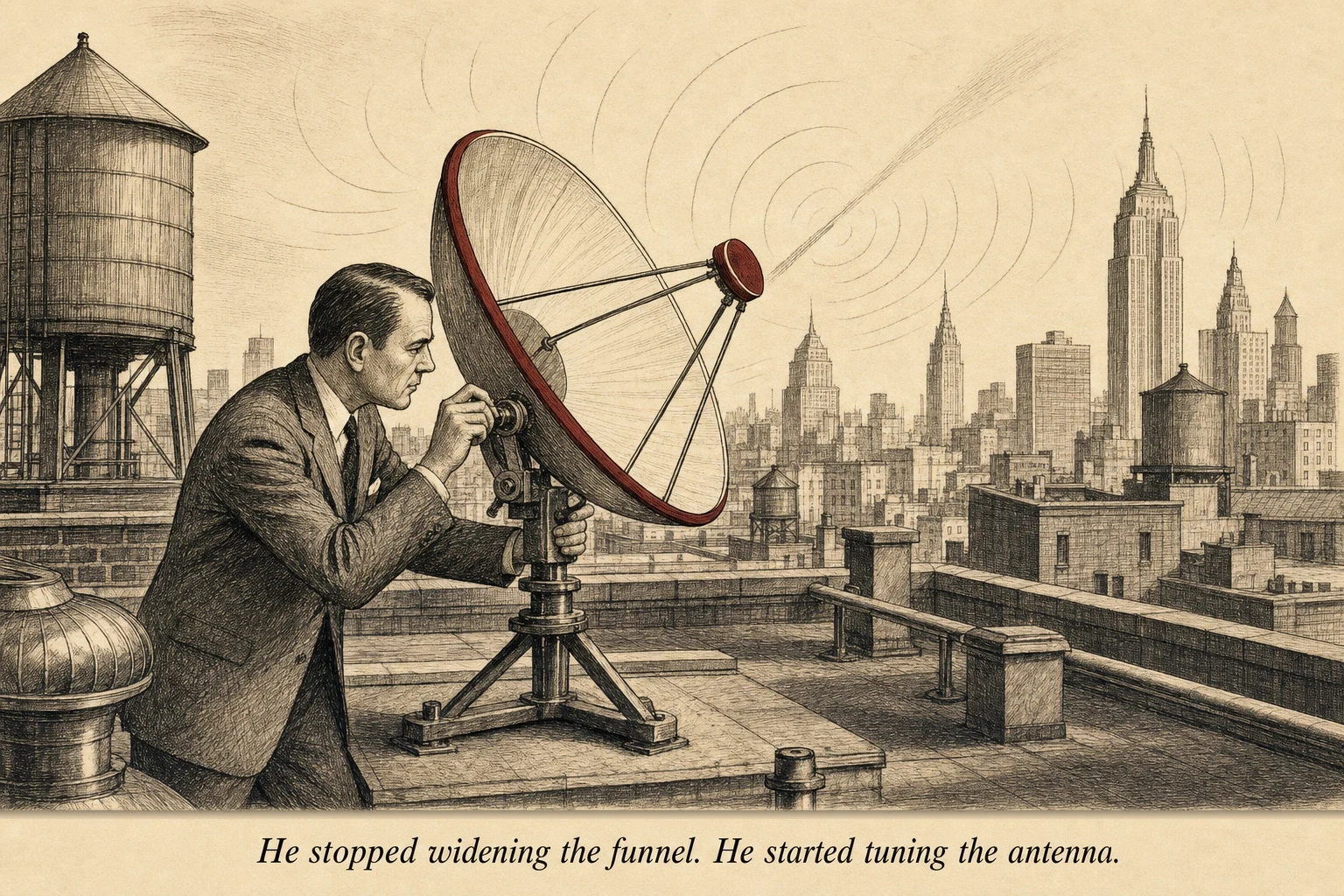 An operator on a rooftop adjusting a large directional antenna dish, with faint radio waves coming from multiple directions — the operator carefully tuning to capture the strongest signal