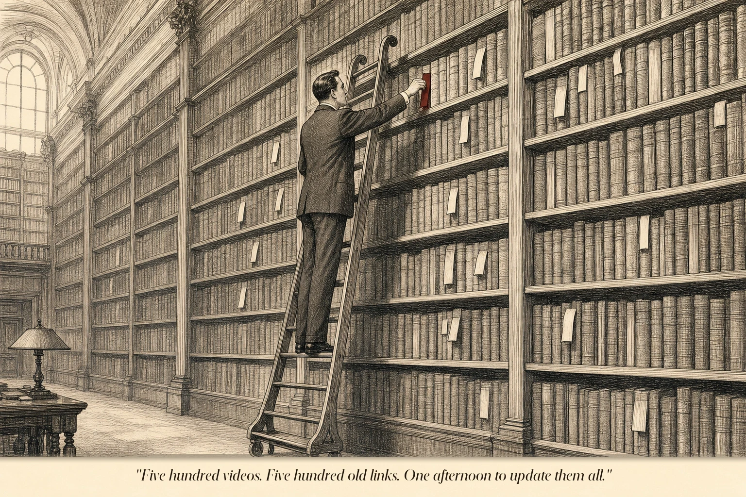 An operator in a vast library, methodically replacing bookmarks in hundreds of old books on towering shelves — each new bookmark carries a small return address