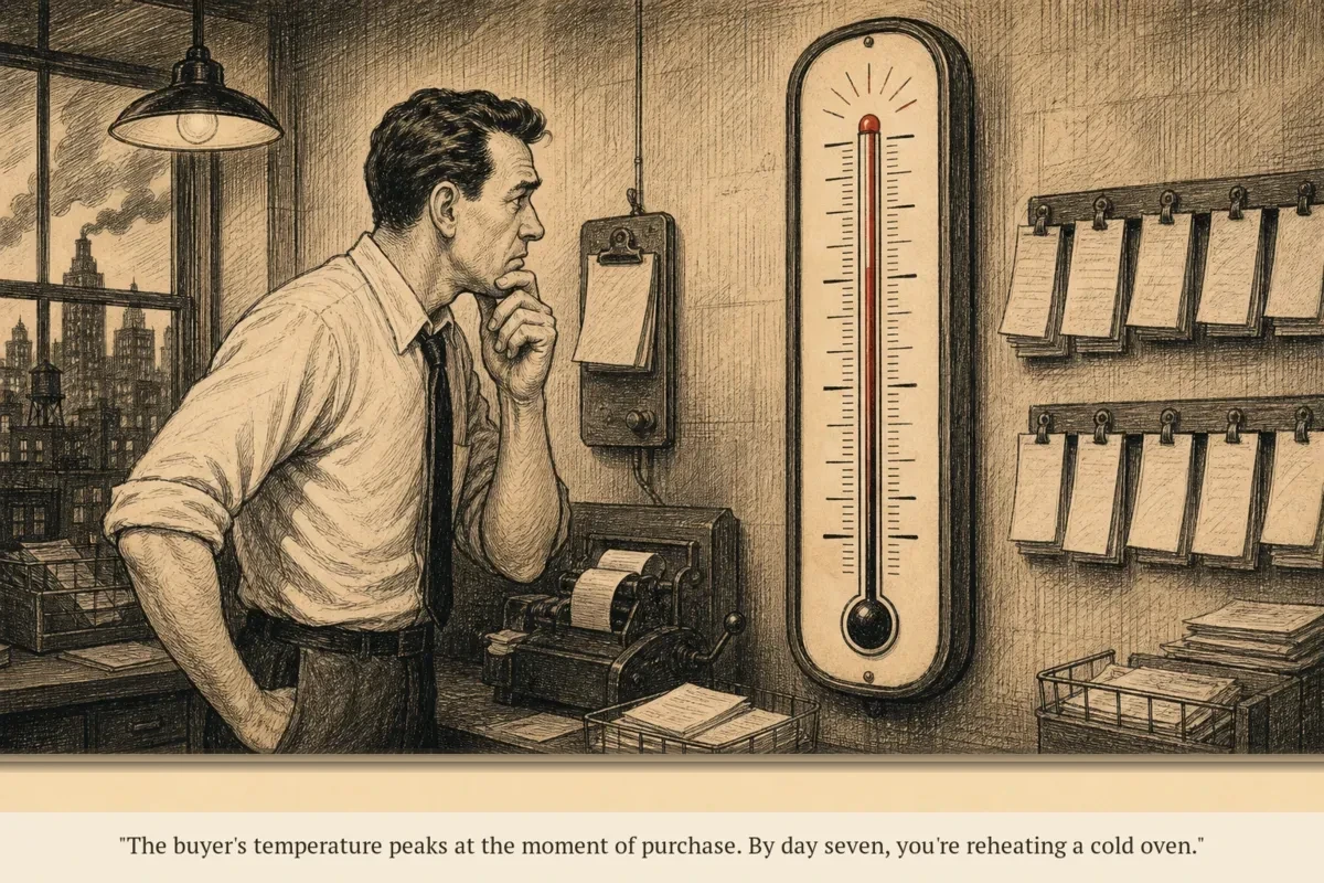 A thermometer showing buyer temperature — red-hot at the moment of purchase, cooling rapidly over 72 hours, cold by day 7