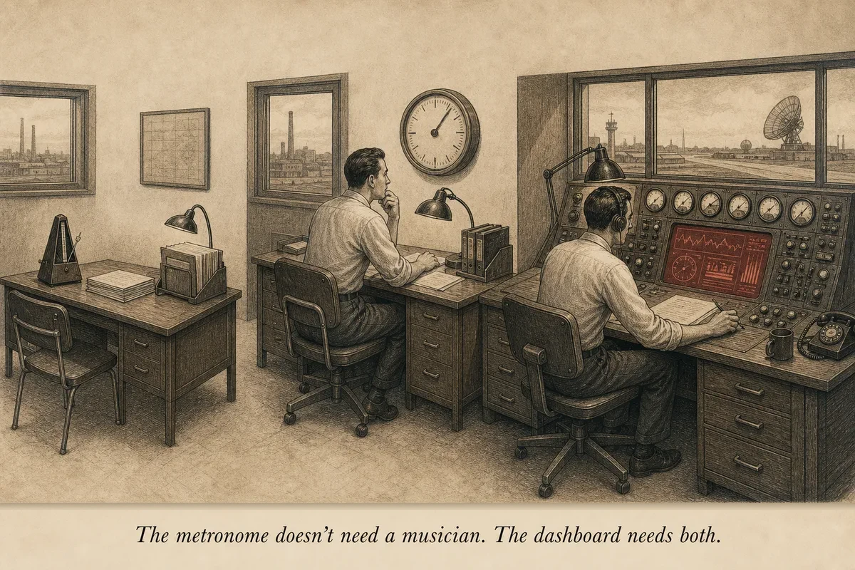 Three desks in a row — the first has a metronome clicking steadily with no person, the second has a simple if-then flowchart taped to the wall with someone checking a single gauge, the third has an operator studying a complex dashboard with multiple screens