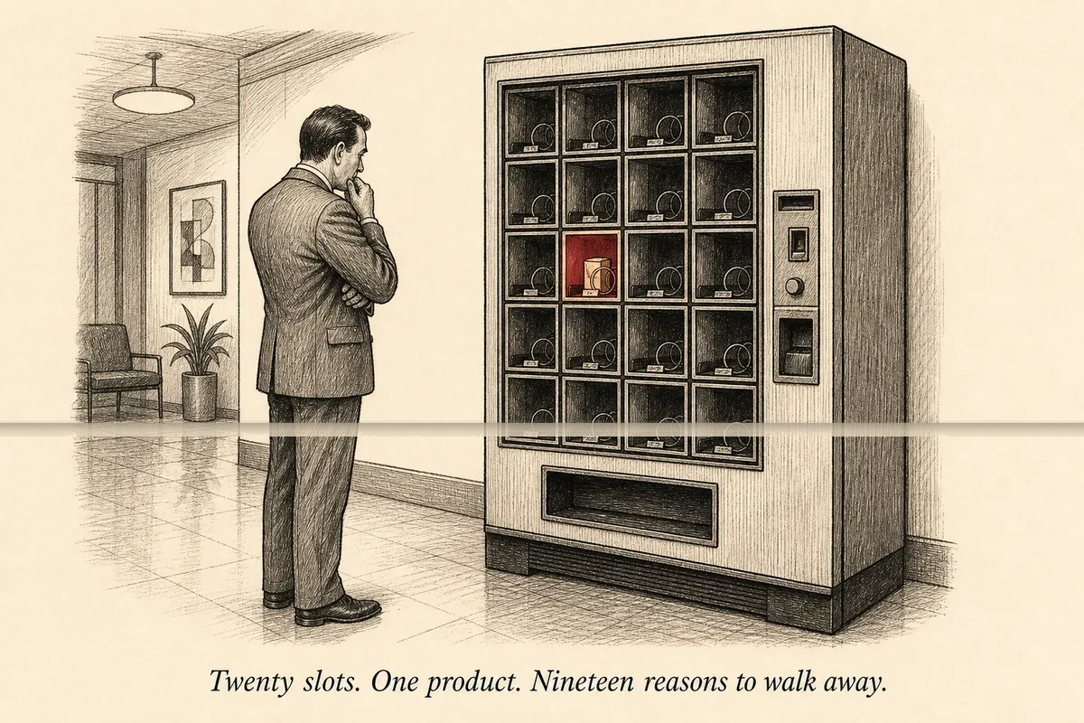 A vending machine with twenty slots but only one product lit up — a single item behind glass while nineteen slots sit dark and empty