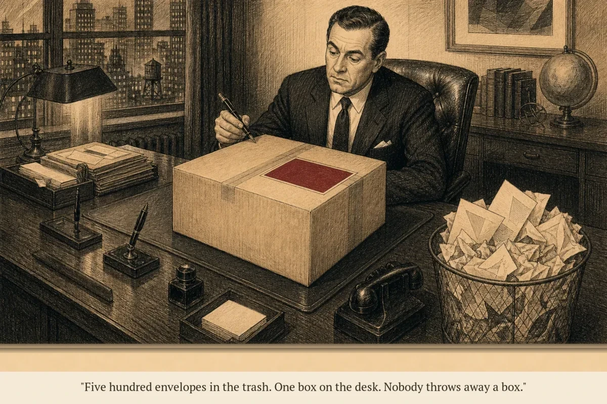 A mid-century office desk with an overflowing trash can full of envelopes, but a single unopened FedEx box sitting prominently on the desk surface, untouched