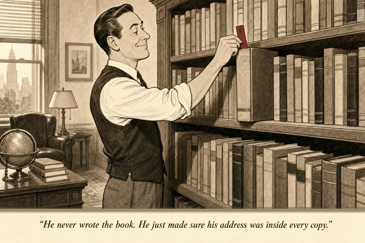 An operator sliding a bookmark into a library book on a shelf, the bookmark bearing a small address and phone number while the book's spine faces outward