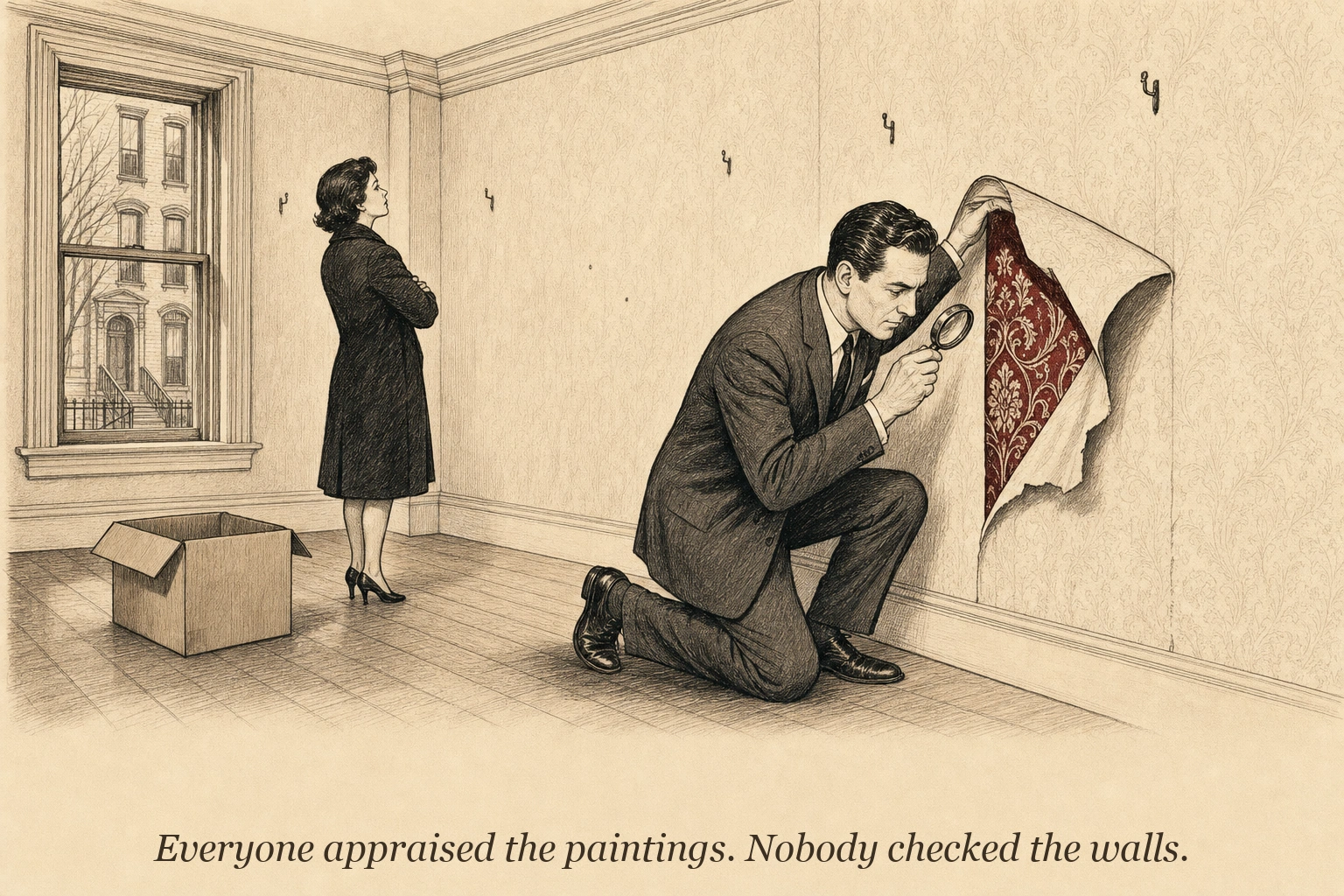 An appraiser kneels near a wall in an emptied brownstone apartment, peeling back wallpaper to reveal something valuable, while a family member behind him stares at empty picture hooks