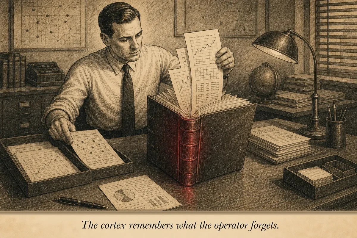 An operator at a desk feeding every document — experiment logs, partner notes, conversion data — into a single thick leather-bound book that grows thicker with each addition