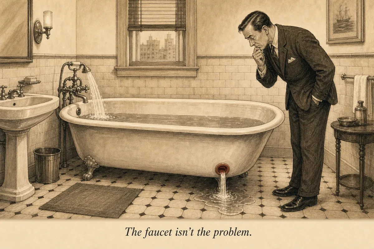 A composed operator staring at a mid-century bathtub where water pours in from an ornate faucet on one end and drains out from an open drain on the other, the water level staying stubbornly at halfway