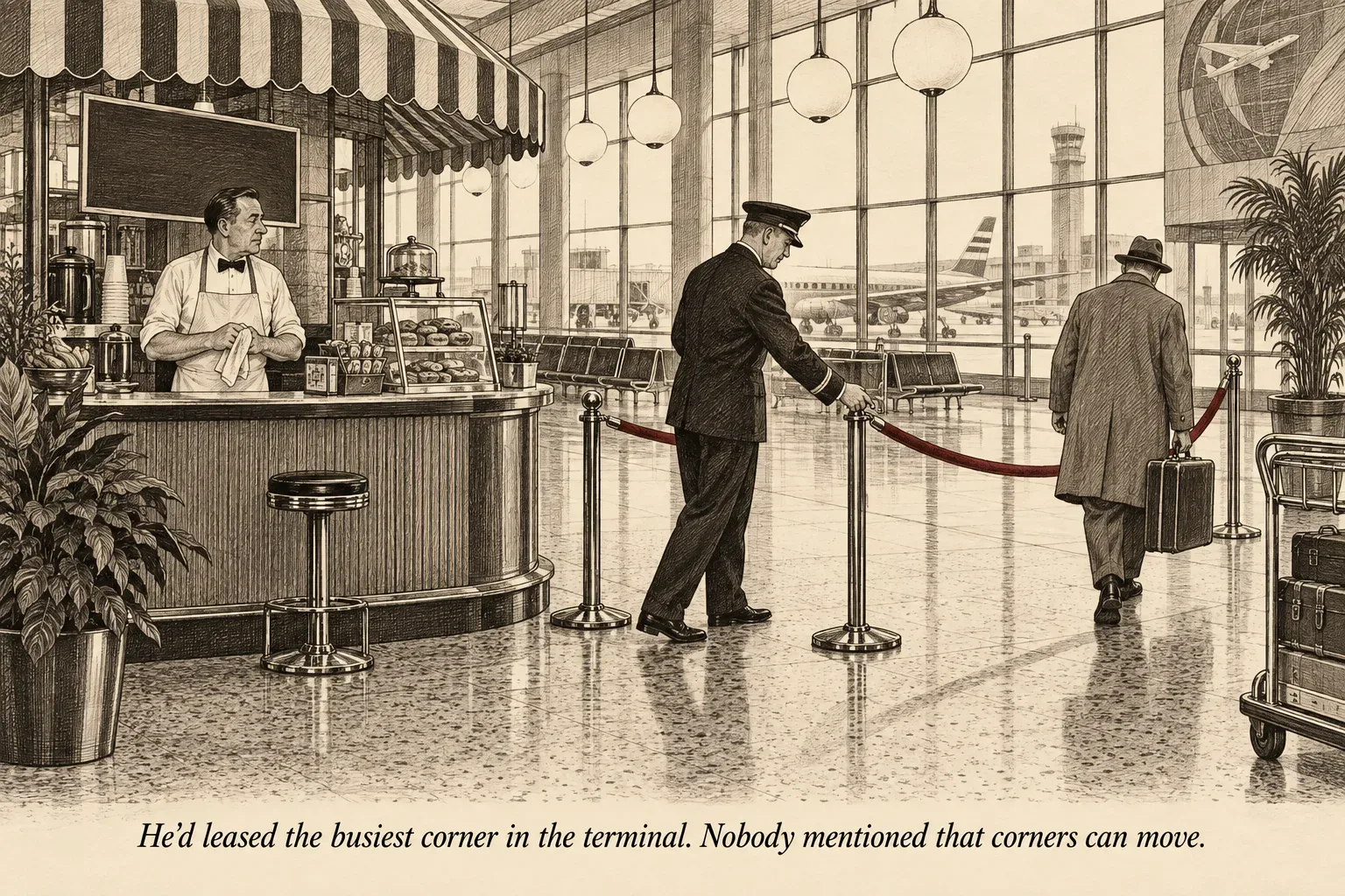 A kiosk operator watches from behind his counter as an official repositions a stanchion rope, redirecting a traveler's path away from him