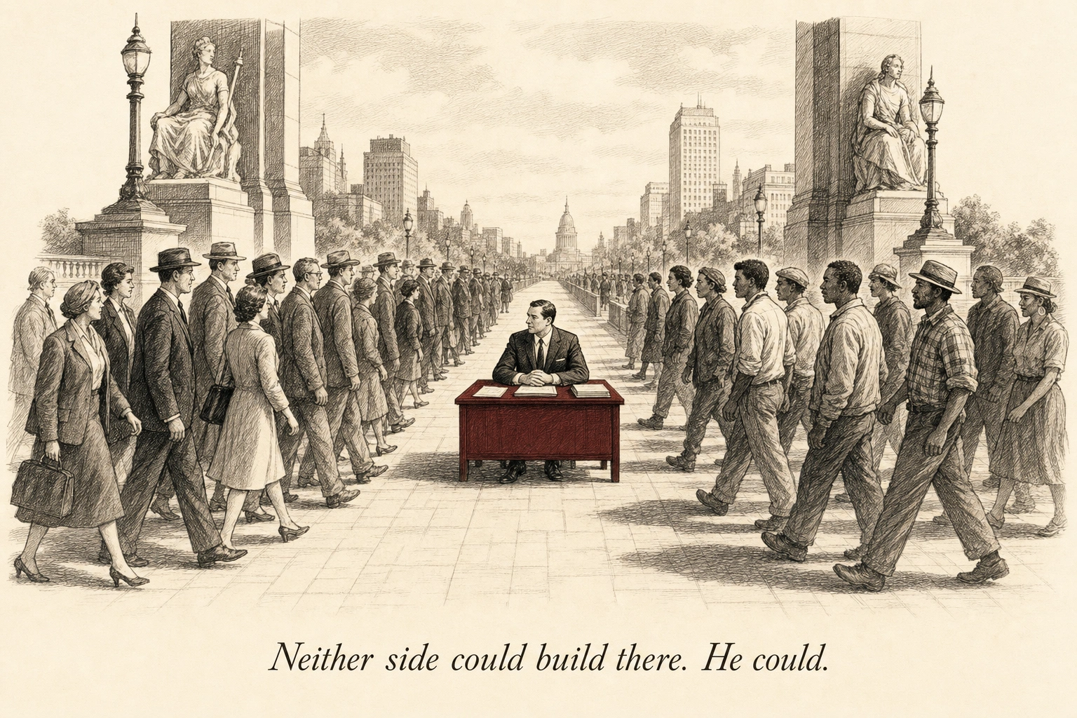 An operator sitting calmly at a desk placed exactly in the middle of a bridge, with traffic flowing toward him from both sides — two different streams of people converging at his neutral position