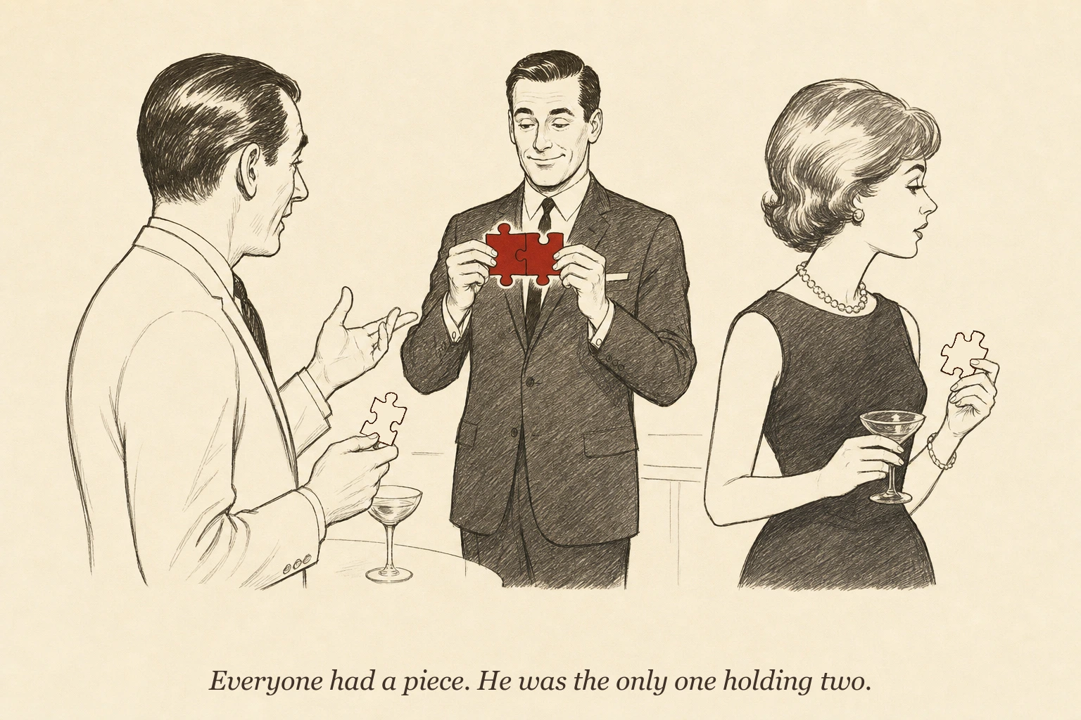 An operator at a cocktail party holds two puzzle pieces that clearly fit together while other guests around them hold identical pieces without noticing