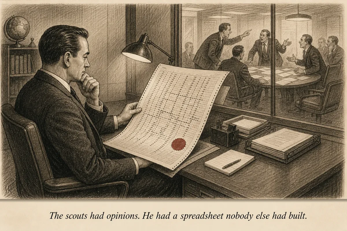 A man studying a wall of connected data points and string in a dimly lit room while baseball scouts argue over player stats at a table behind him